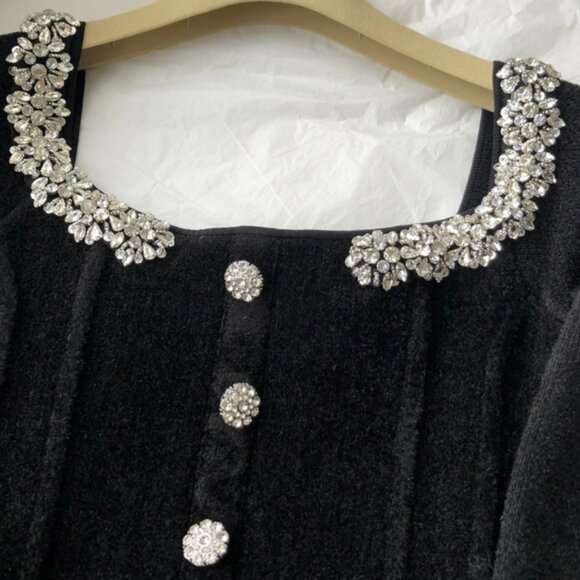 Self-portrait Black Chenille Knit Crystal Trim Midi Dress - Picture 8 of 12